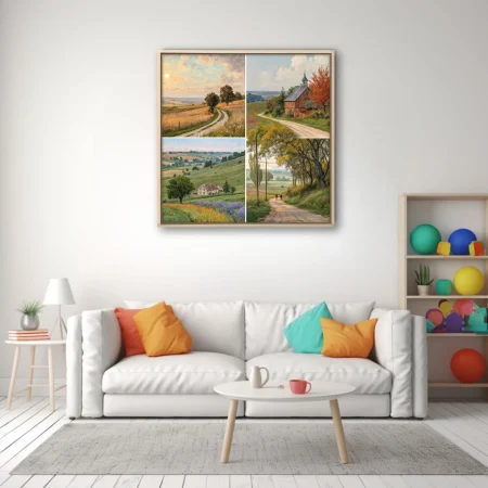 Pastoral country landscape quartet in warm ochre and green tones, painterly rural scenery wall art