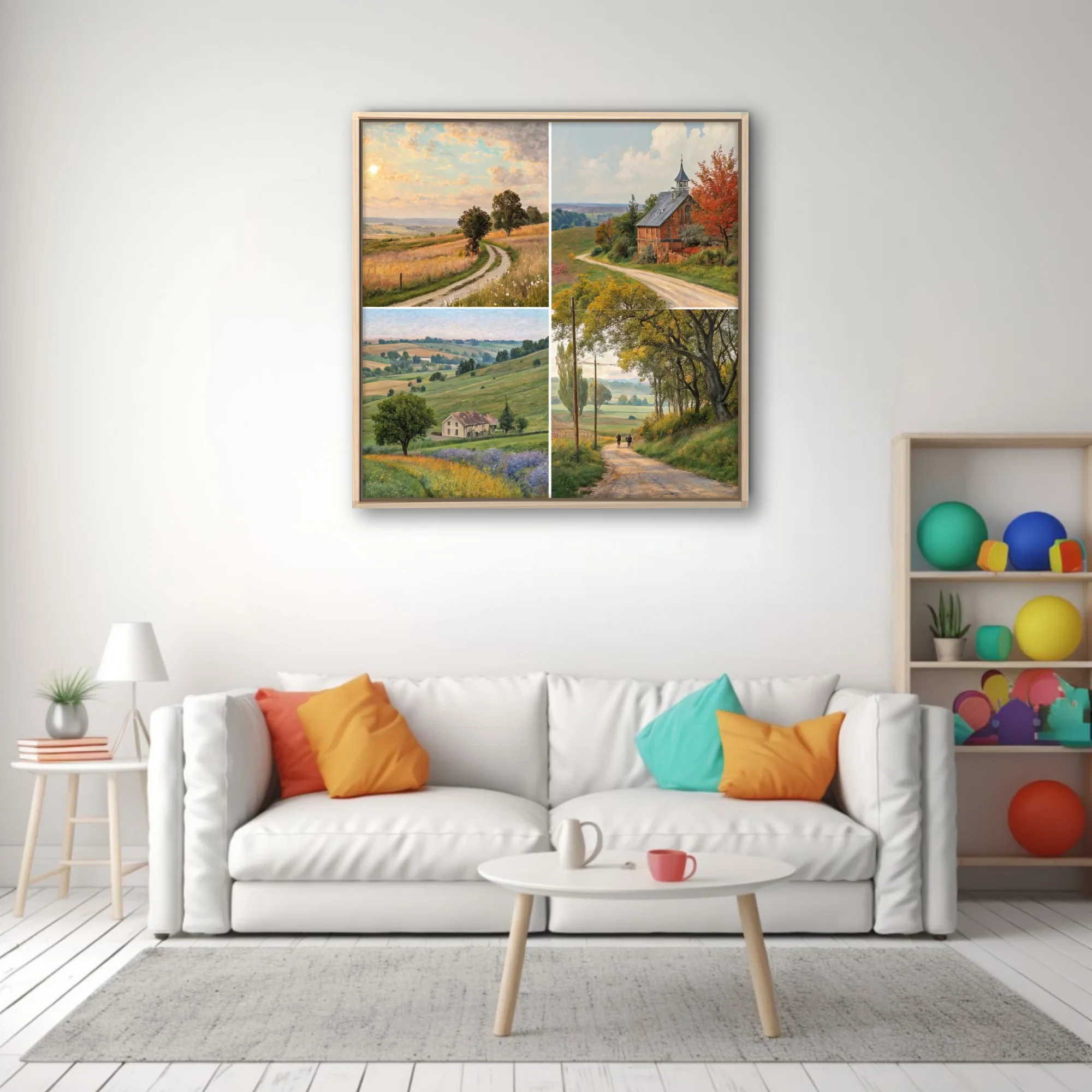 Pastoral country landscape quartet in warm ochre and green tones, painterly rural scenery wall art