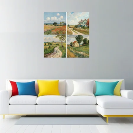 Country landscape quartet with meadows, farmhouses, and winding lanes in painterly pastoral tones