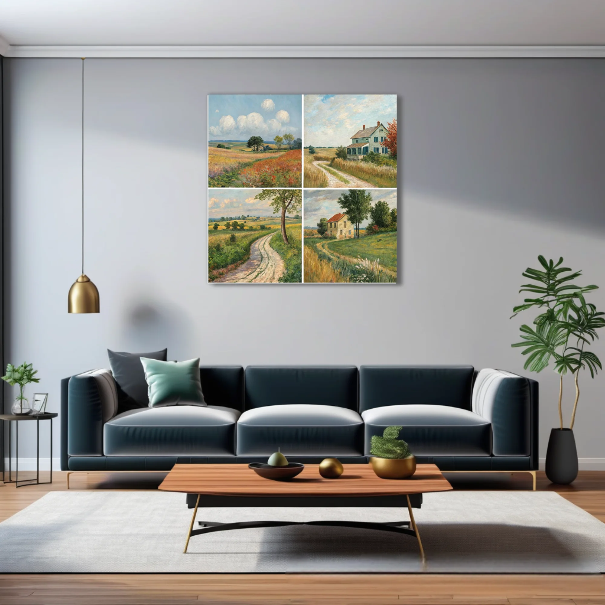Country landscape quartet with meadows, farmhouses, and winding lanes in painterly pastoral tones