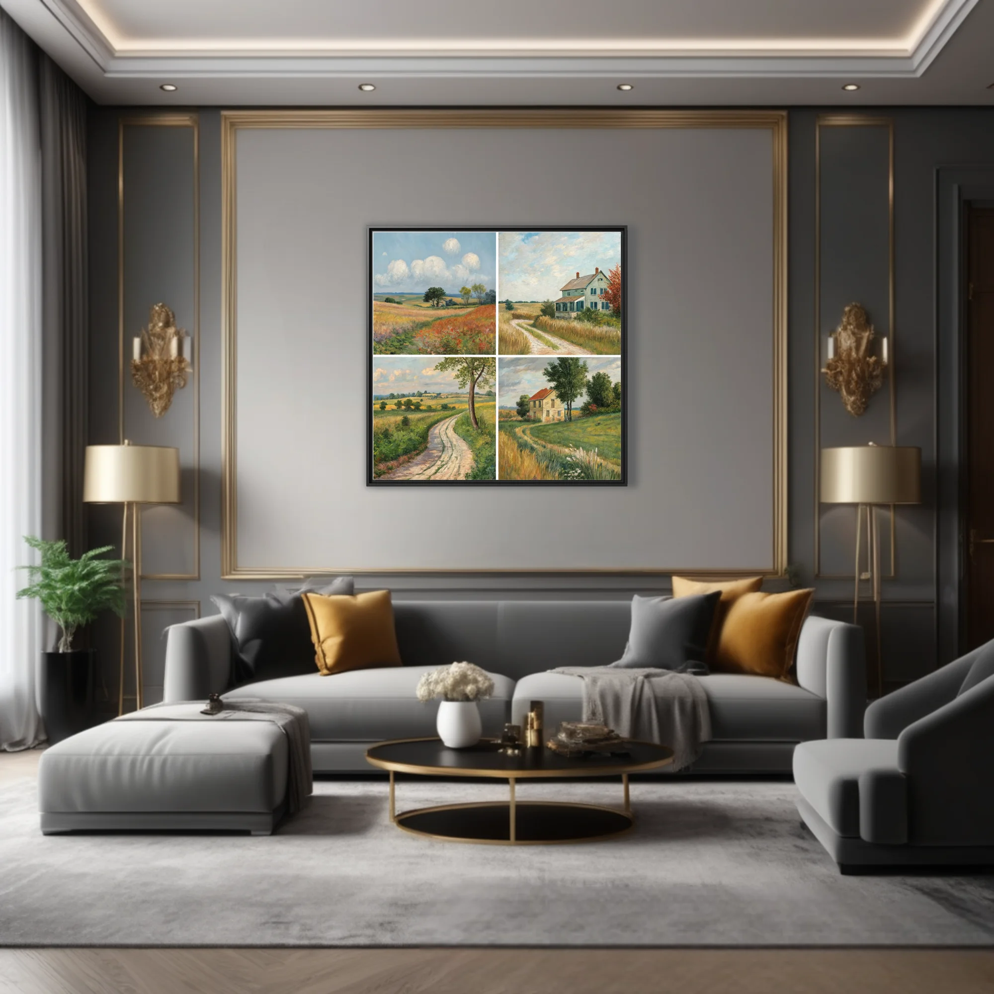 Country landscape quartet with meadows, farmhouses, and winding lanes in painterly pastoral tones