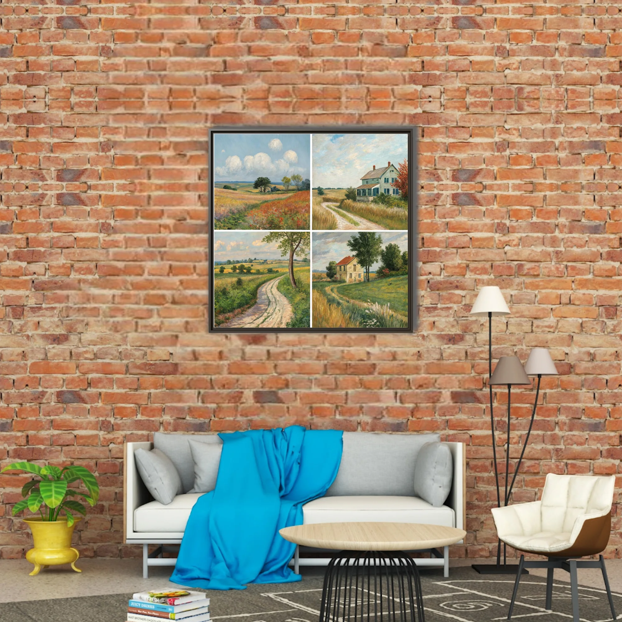 Country landscape quartet with meadows, farmhouses, and winding lanes in painterly pastoral tones