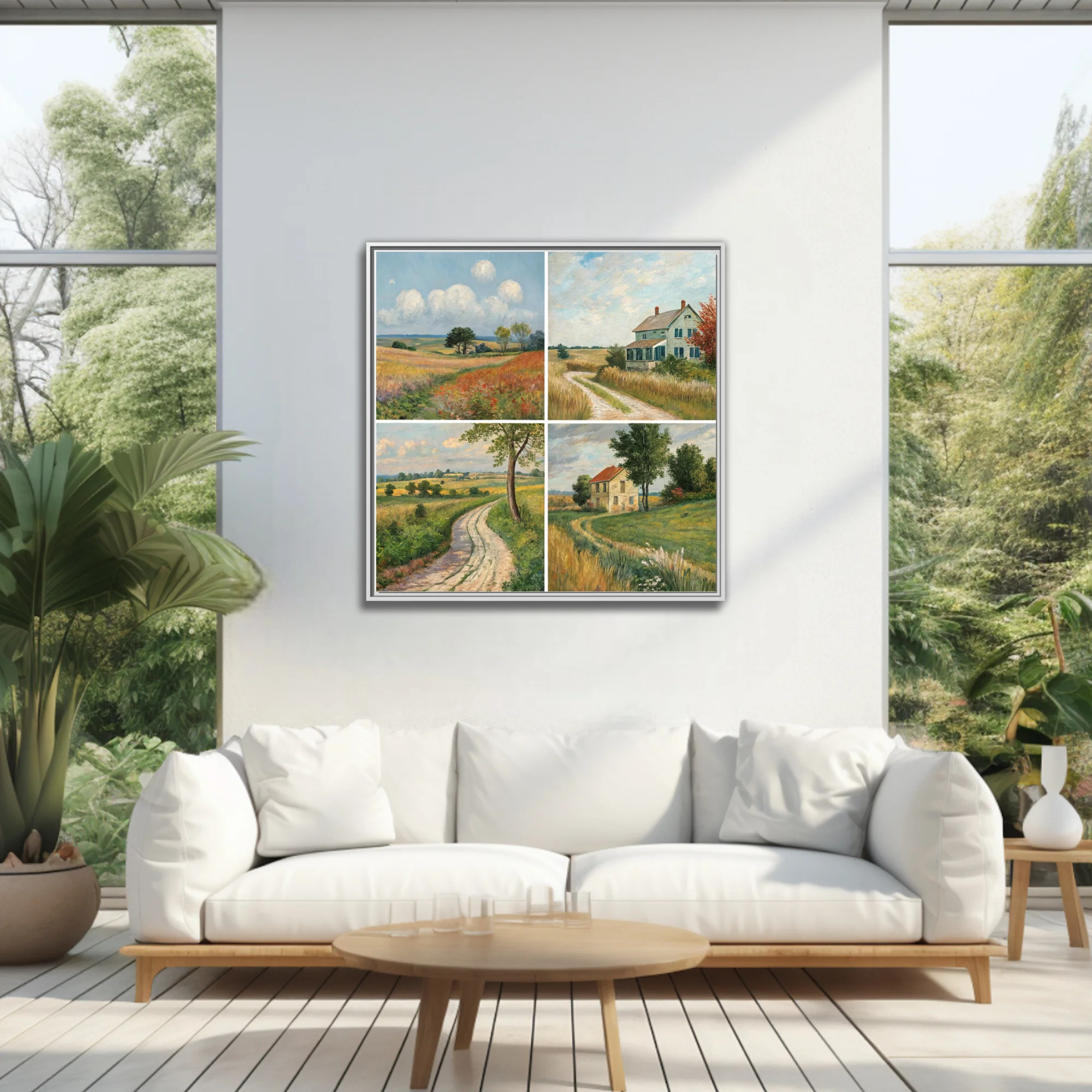 Country landscape quartet with meadows, farmhouses, and winding lanes in painterly pastoral tones