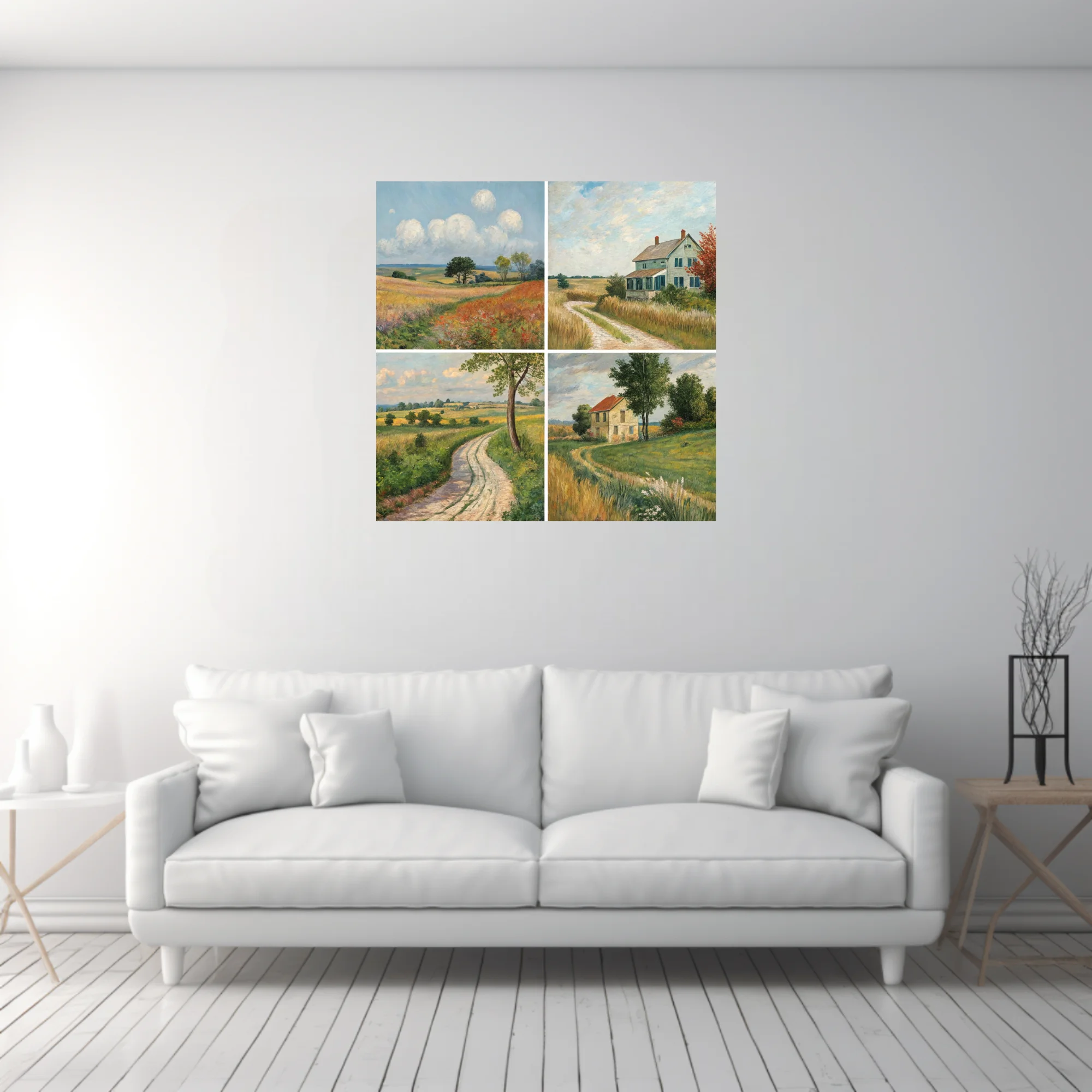 Country landscape quartet with meadows, farmhouses, and winding lanes in painterly pastoral tones