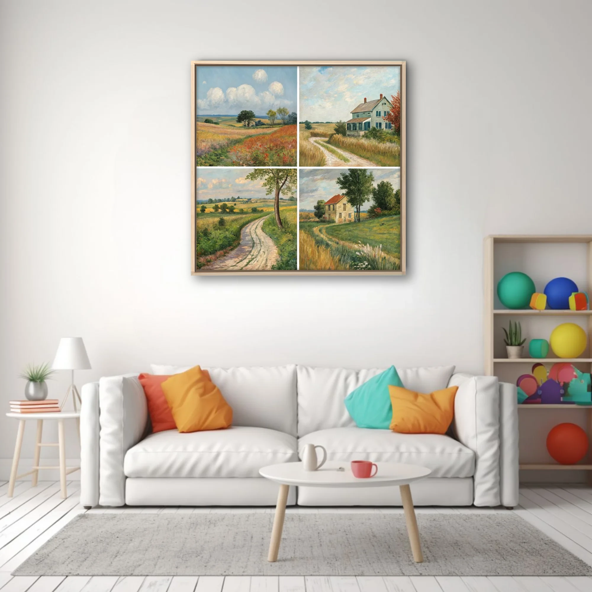 Country landscape quartet with meadows, farmhouses, and winding lanes in painterly pastoral tones