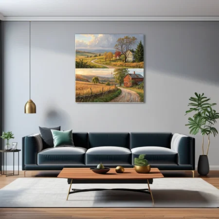 Autumn country road landscapes with farmhouses, golden fields, and rolling hills