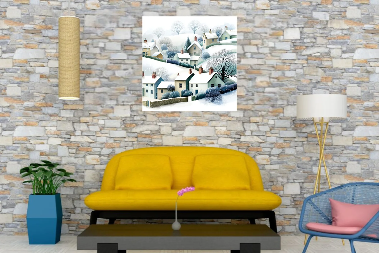 Watercolor-style snowy English village scene with cottages, bare trees, soft muted tones