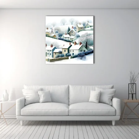 Watercolor-style snowy English village scene with cottages, bare trees, soft muted tones