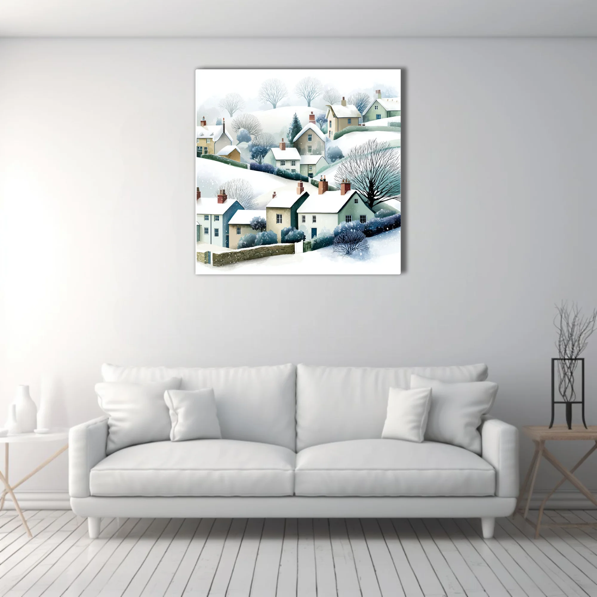 Watercolor-style snowy English village scene with cottages, bare trees, soft muted tones