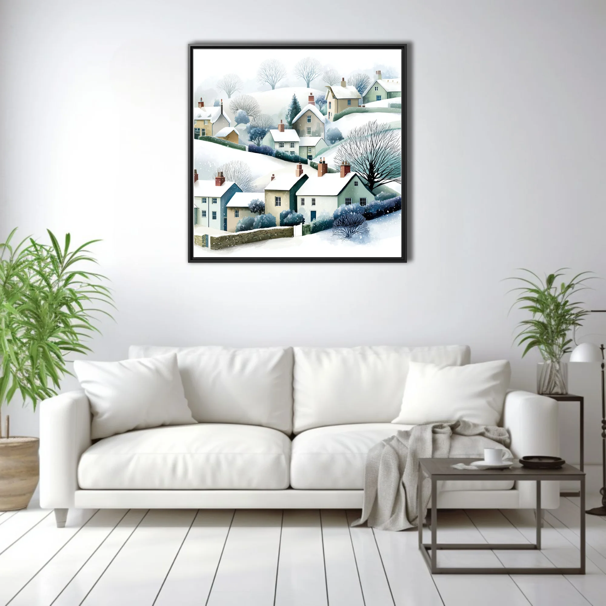 Watercolor-style snowy English village scene with cottages, bare trees, soft muted tones