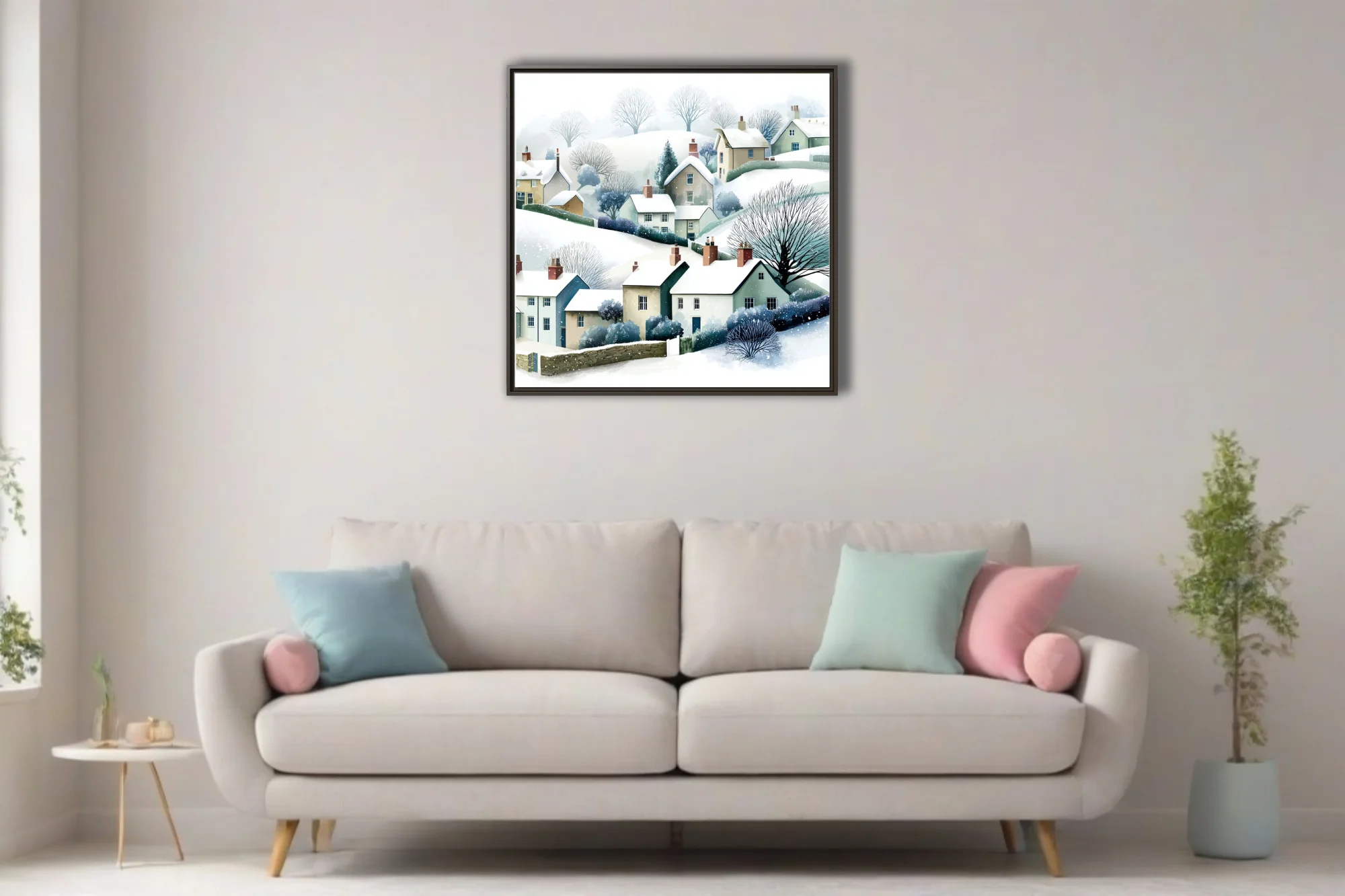 Watercolor-style snowy English village scene with cottages, bare trees, soft muted tones
