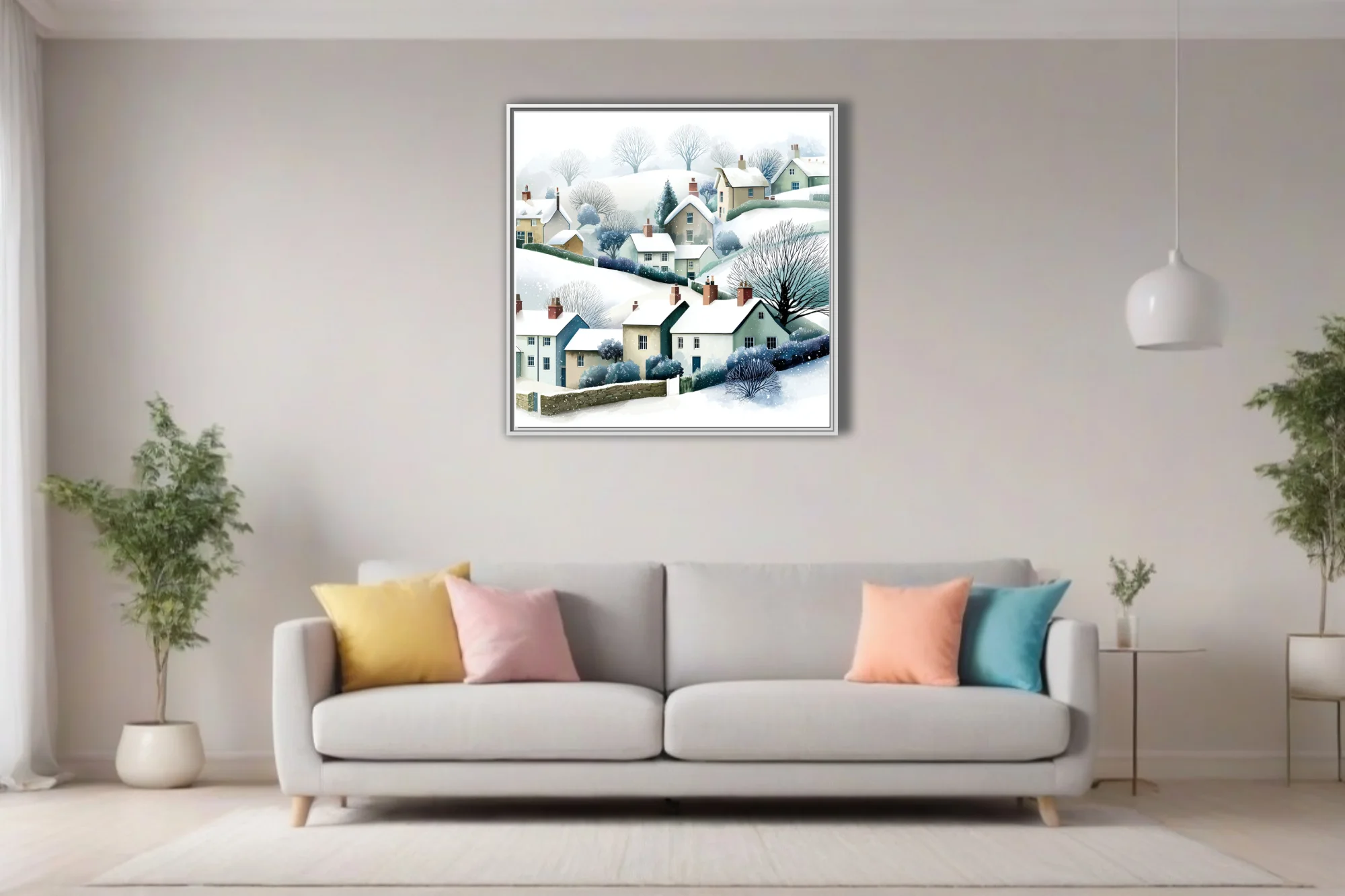 Watercolor-style snowy English village scene with cottages, bare trees, soft muted tones