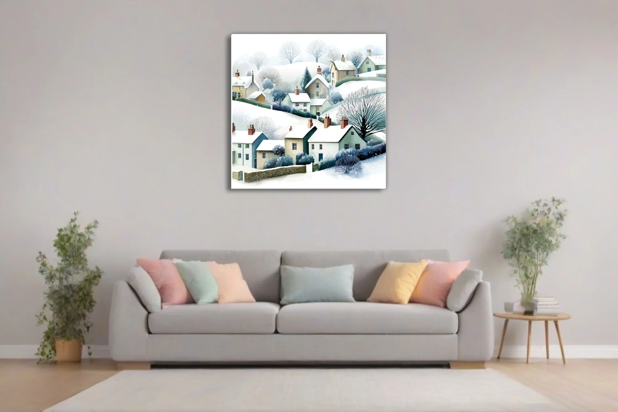 Watercolor-style snowy English village scene with cottages, bare trees, soft muted tones