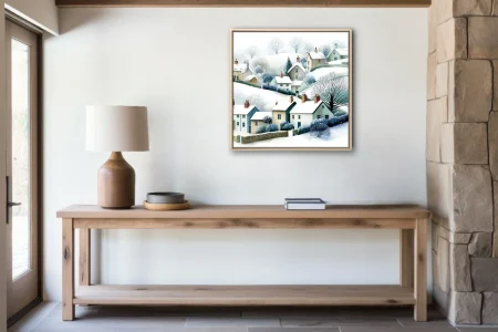 Watercolor-style snowy English village scene with cottages, bare trees, soft muted tones