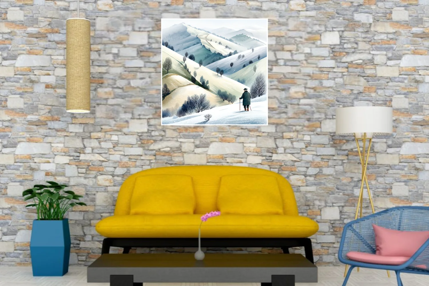 Watercolor-style winter countryside illustration with solitary figure and snow-covered rolling hills