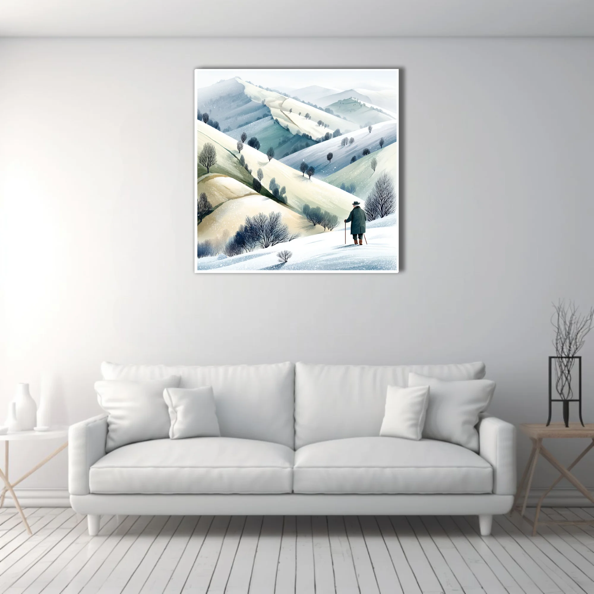 Watercolor-style winter countryside illustration with solitary figure and snow-covered rolling hills