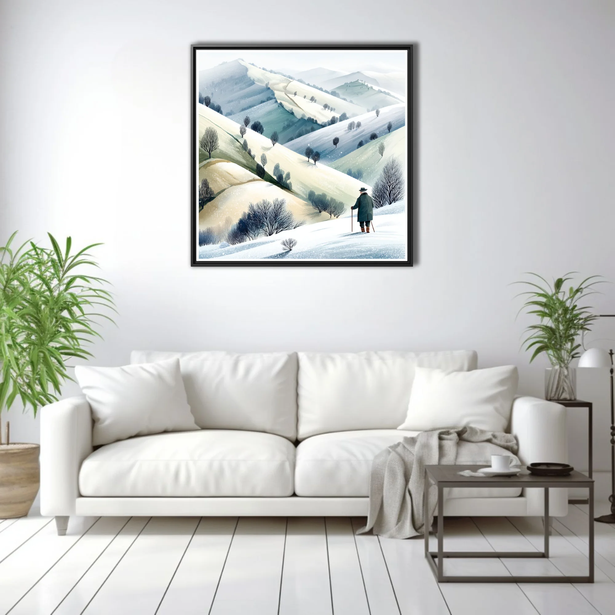 Watercolor-style winter countryside illustration with solitary figure and snow-covered rolling hills