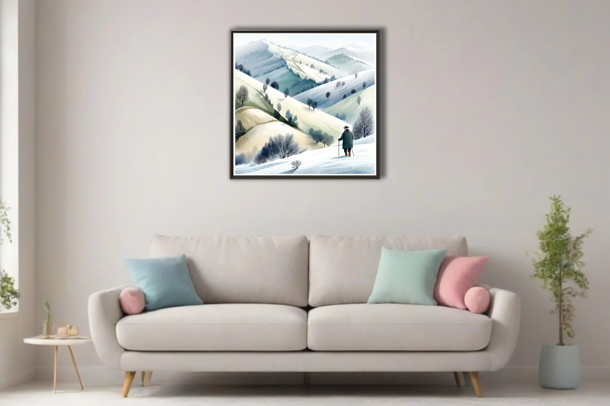 Watercolor-style winter countryside illustration with solitary figure and snow-covered rolling hills