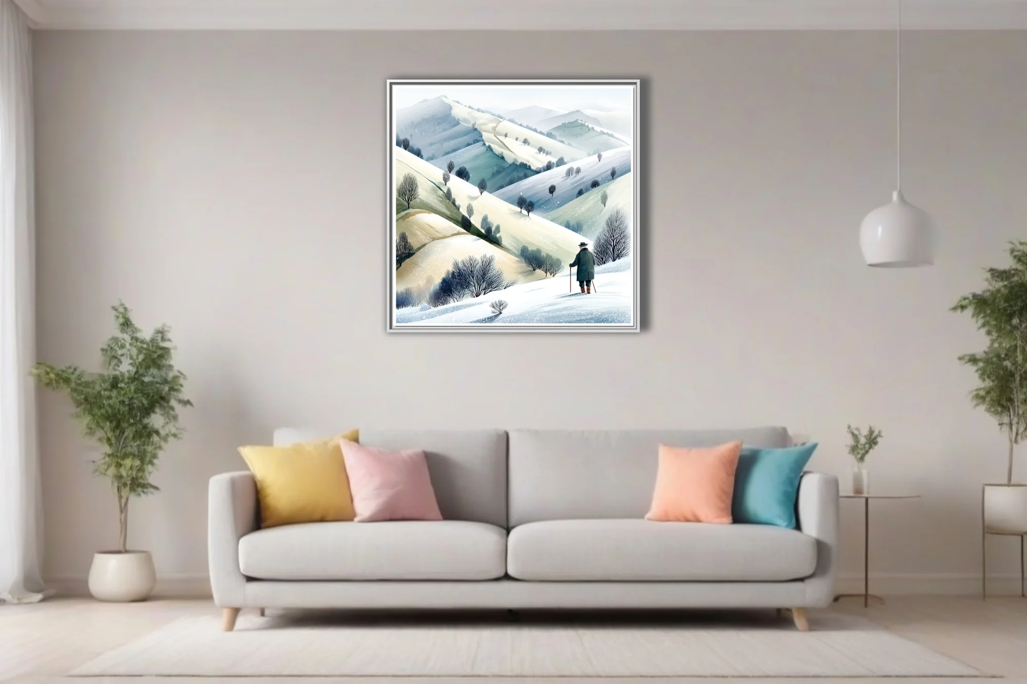 Watercolor-style winter countryside illustration with solitary figure and snow-covered rolling hills