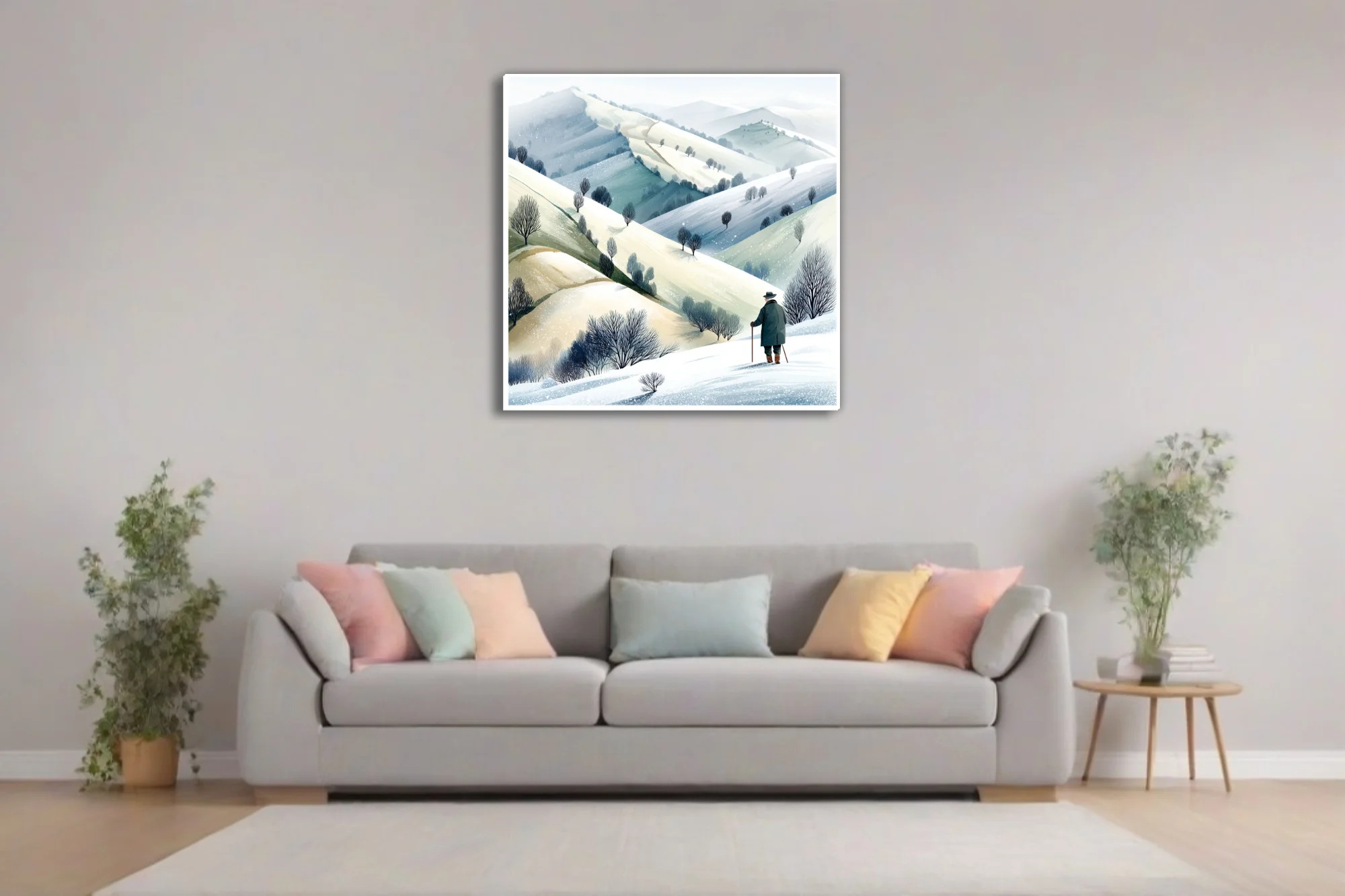 Watercolor-style winter countryside illustration with solitary figure and snow-covered rolling hills