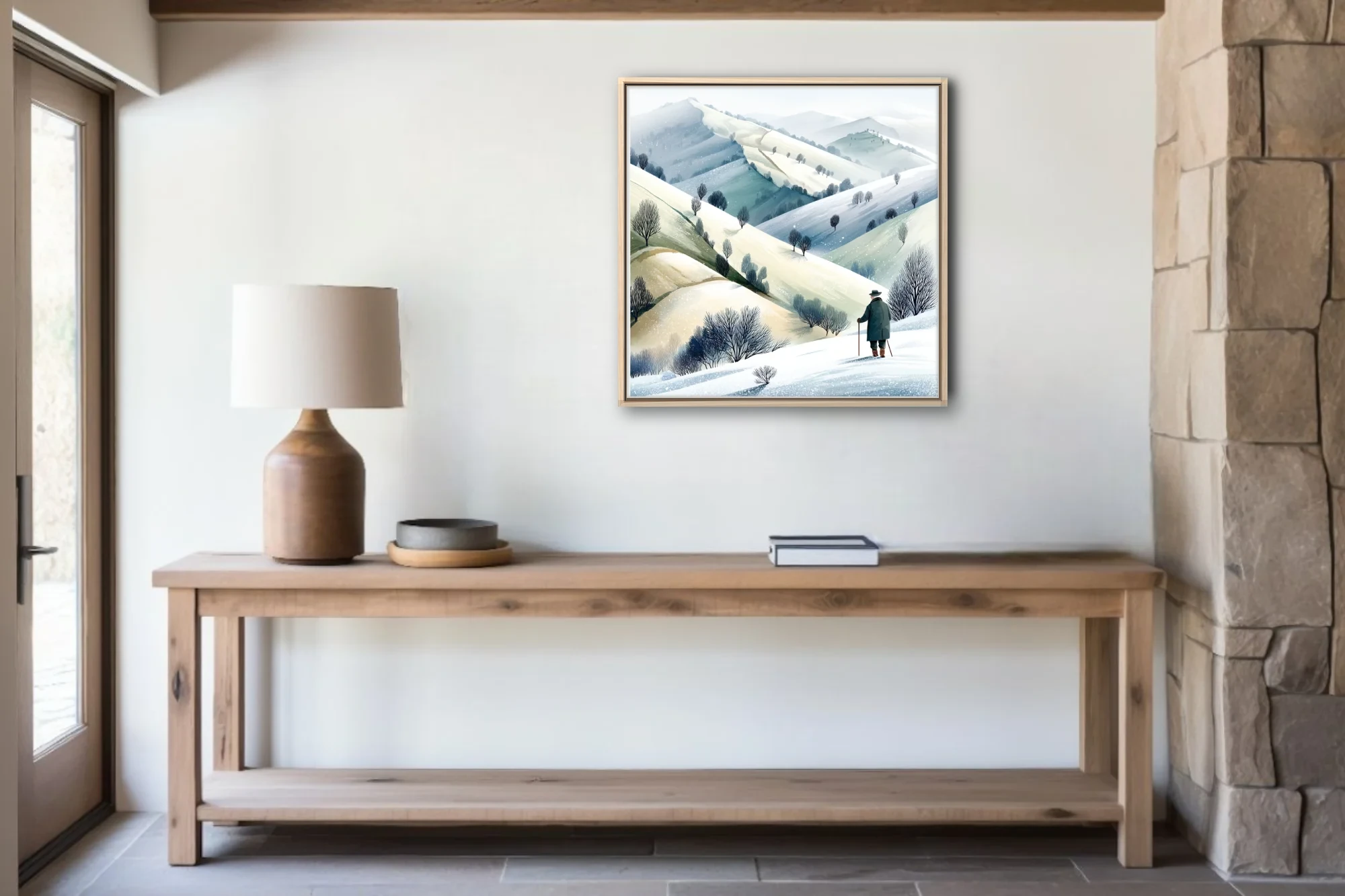 Watercolor-style winter countryside illustration with solitary figure and snow-covered rolling hills