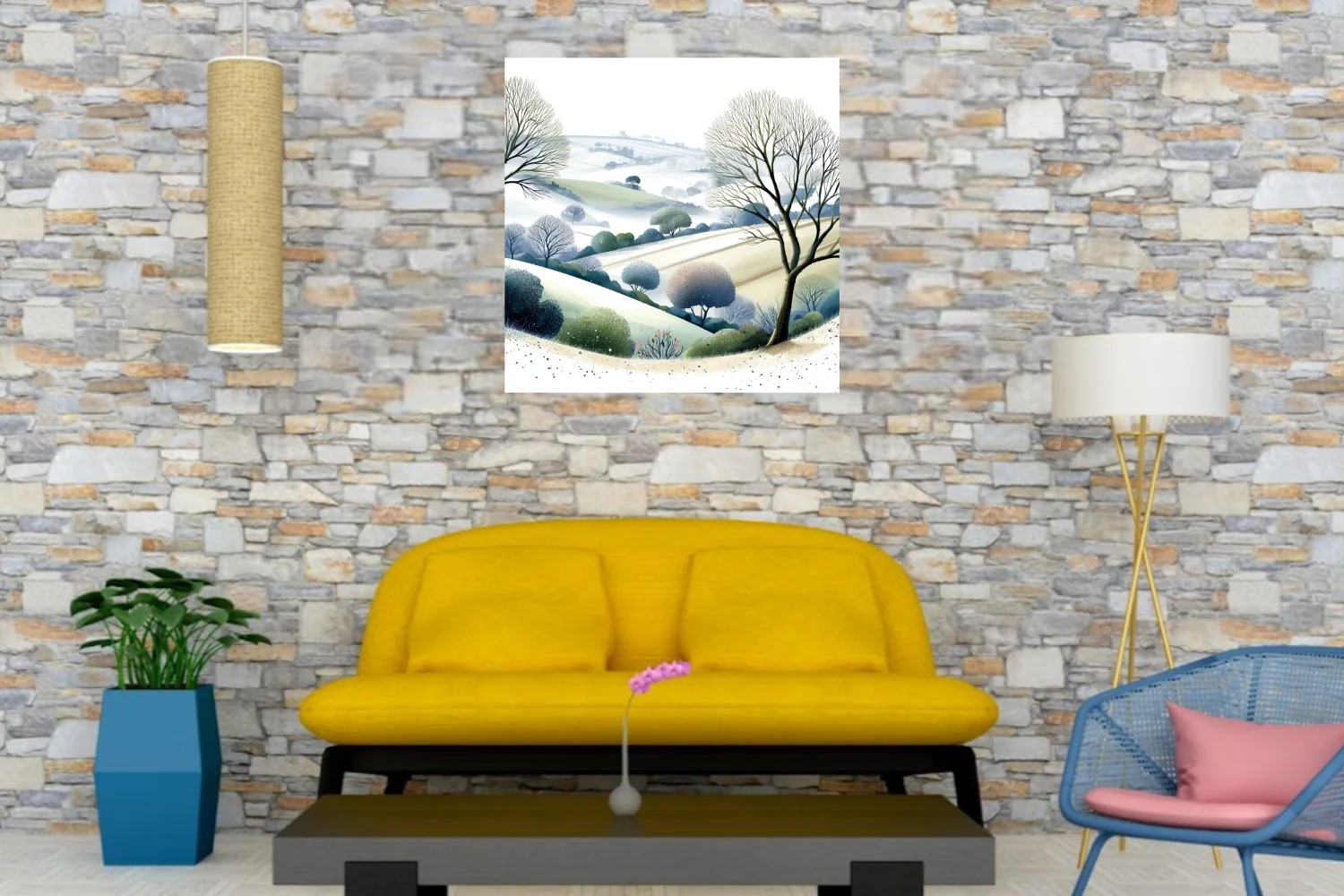 Watercolor-style winter countryside landscape with bare trees, misty hills, and muted green-blue tones