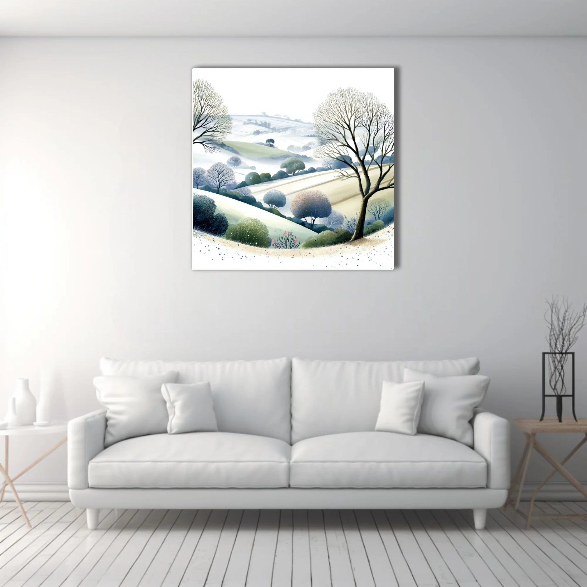 Watercolor-style winter countryside landscape with bare trees, misty hills, and muted green-blue tones