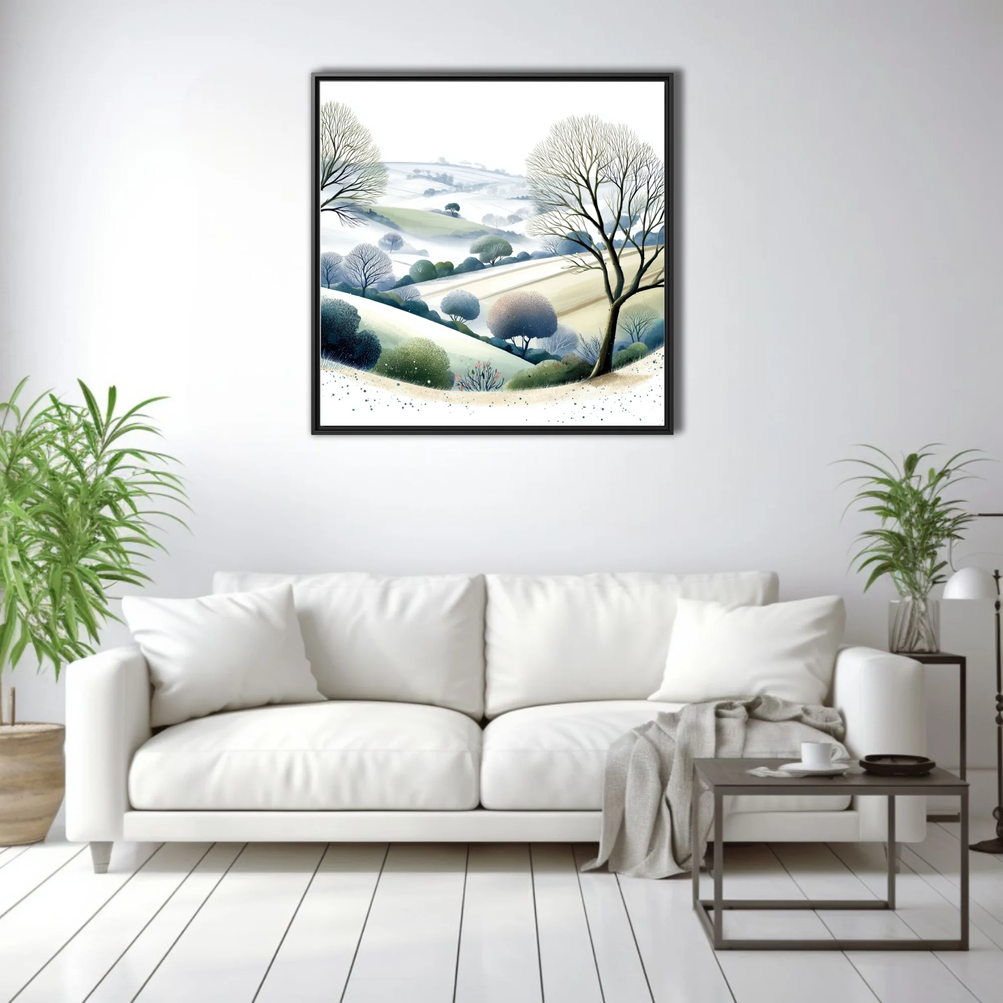 Watercolor-style winter countryside landscape with bare trees, misty hills, and muted green-blue tones