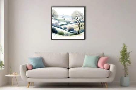 Watercolor-style winter countryside landscape with bare trees, misty hills, and muted green-blue tones