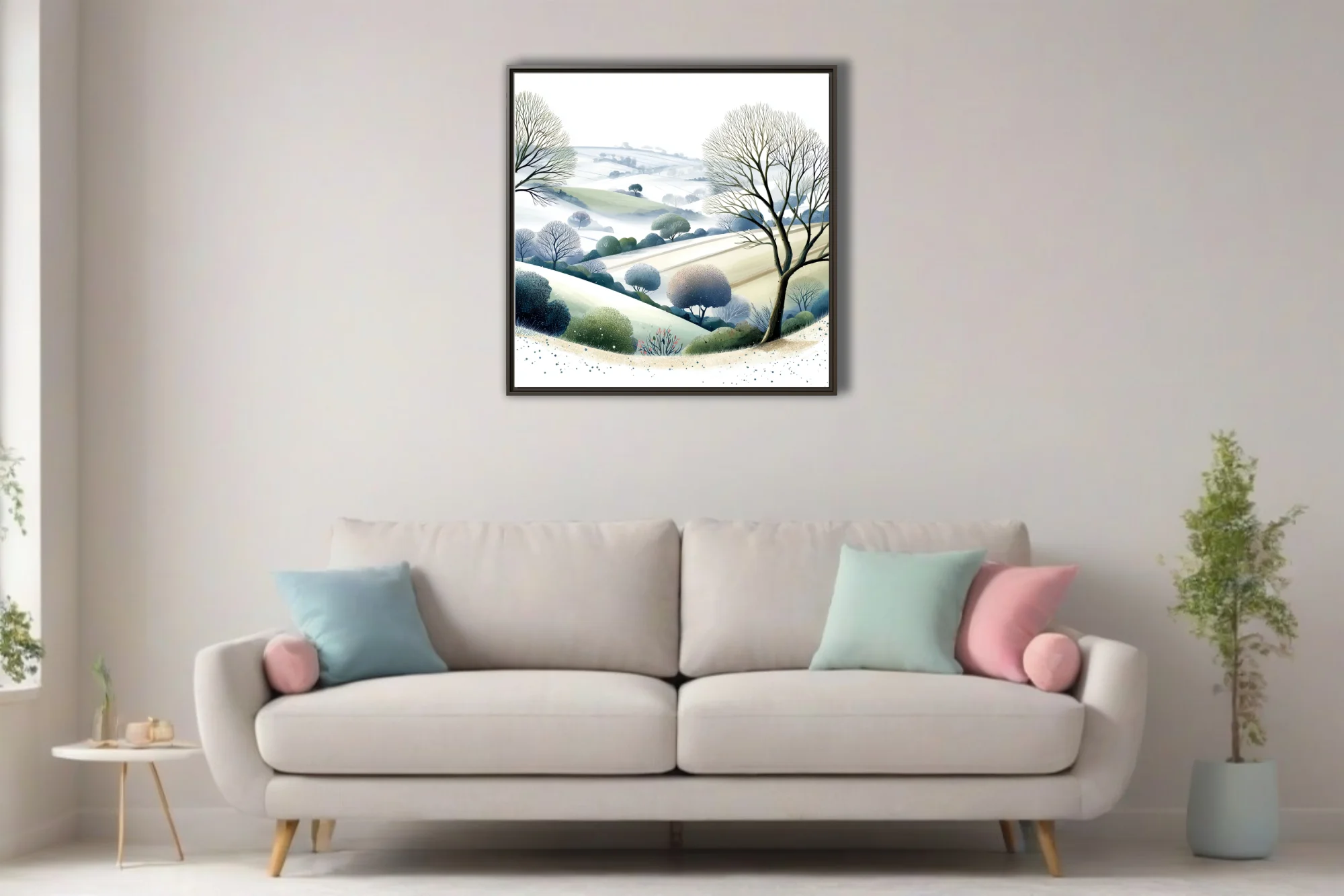 Watercolor-style winter countryside landscape with bare trees, misty hills, and muted green-blue tones