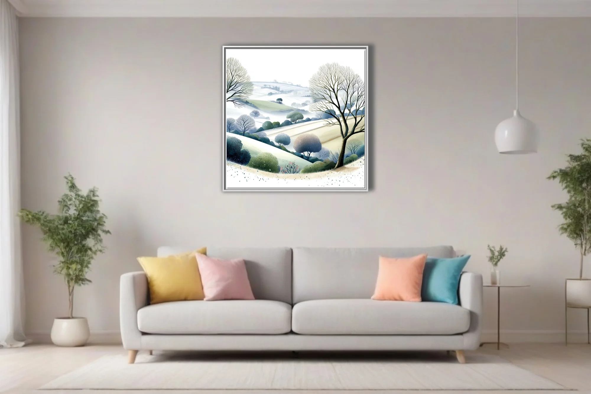 Watercolor-style winter countryside landscape with bare trees, misty hills, and muted green-blue tones