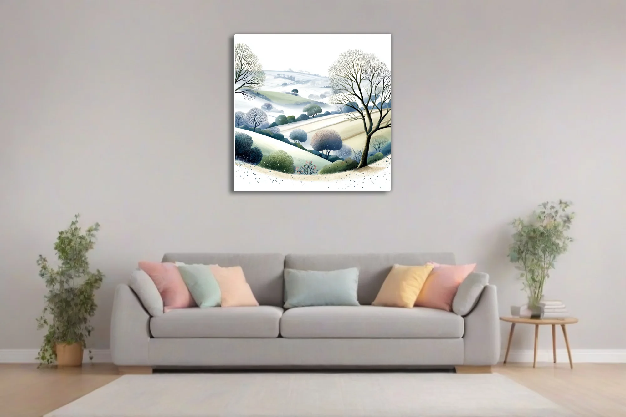 Watercolor-style winter countryside landscape with bare trees, misty hills, and muted green-blue tones