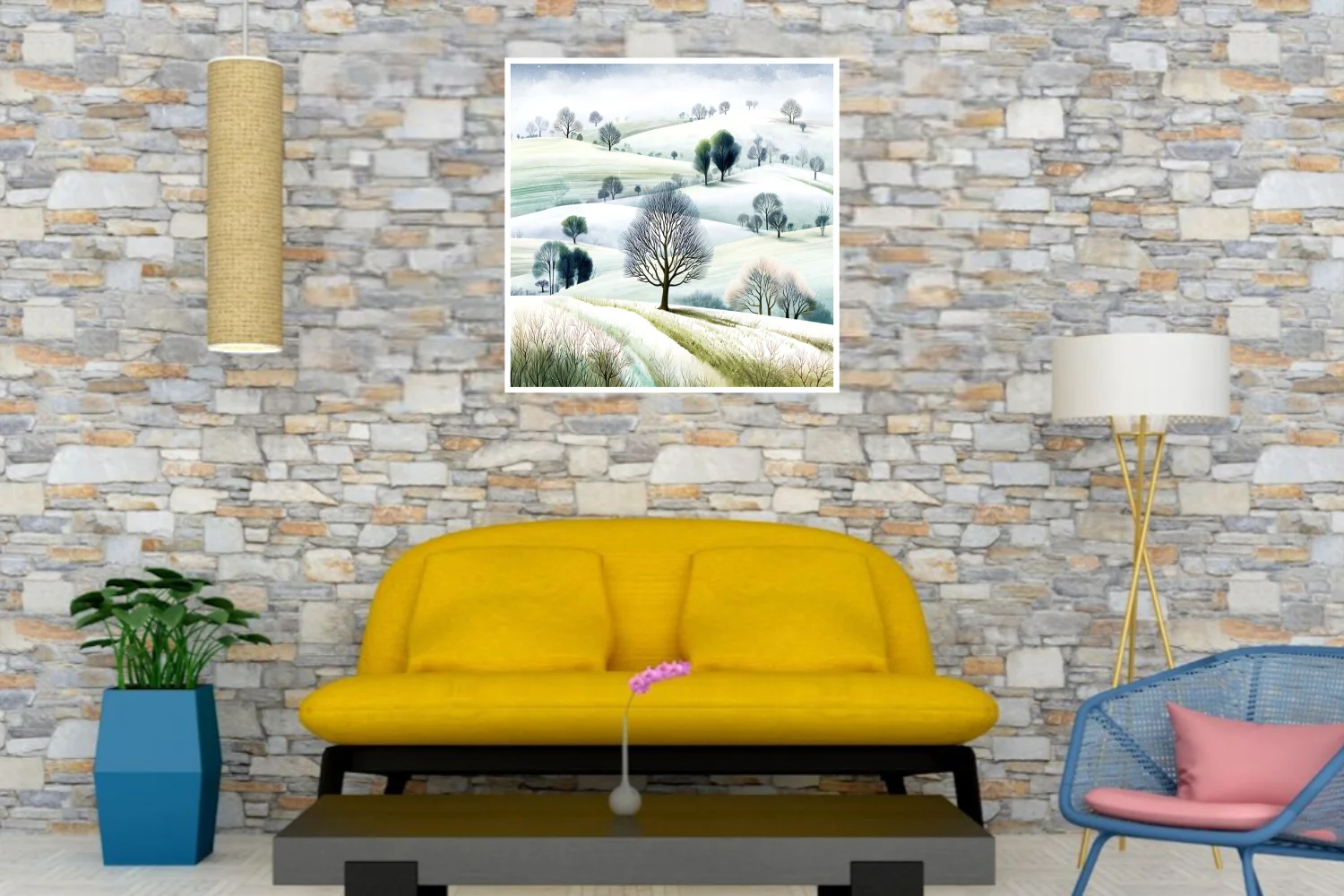 Watercolor-style winter countryside with snowy hills and bare trees in soft greens and whites
