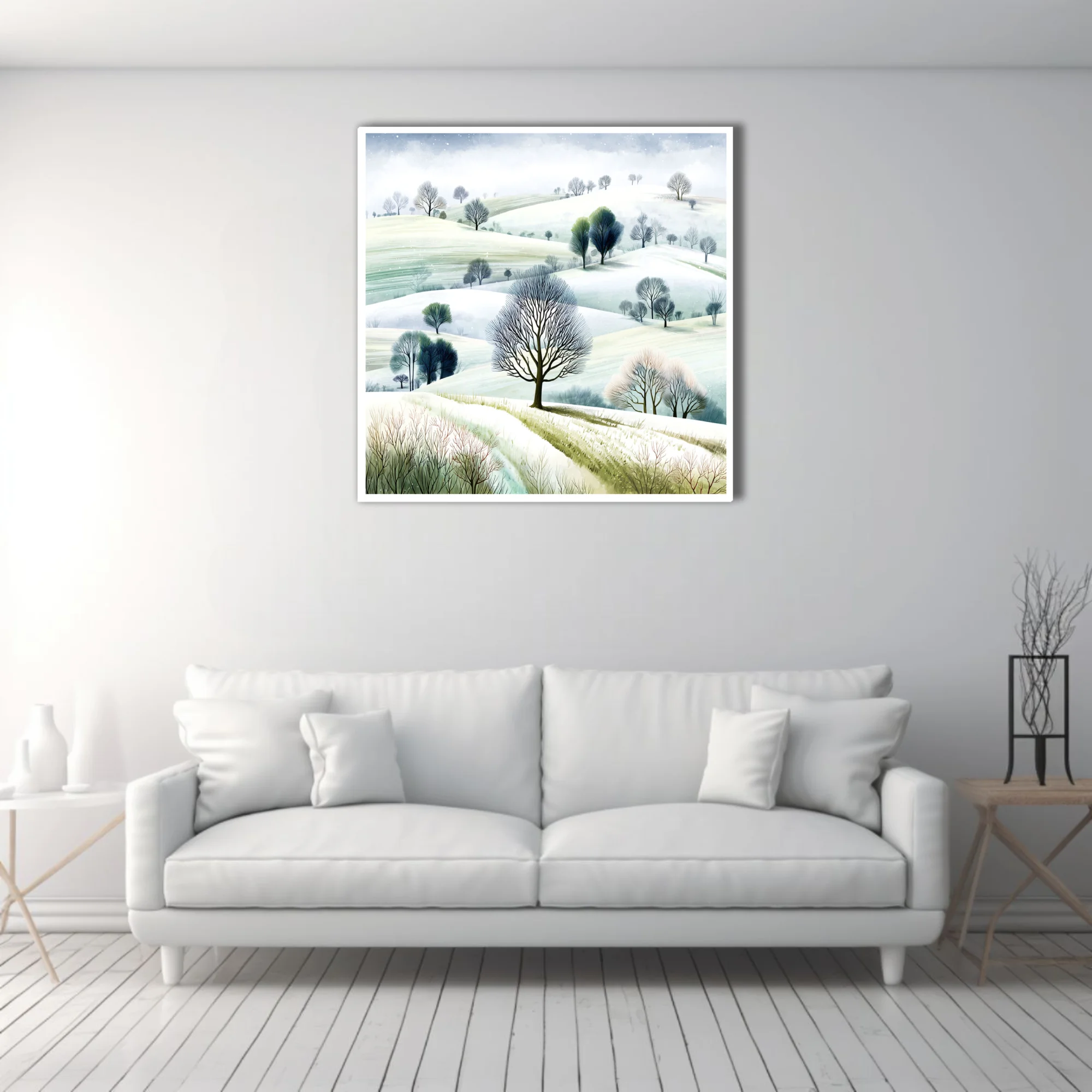 Watercolor-style winter countryside with snowy hills and bare trees in soft greens and whites