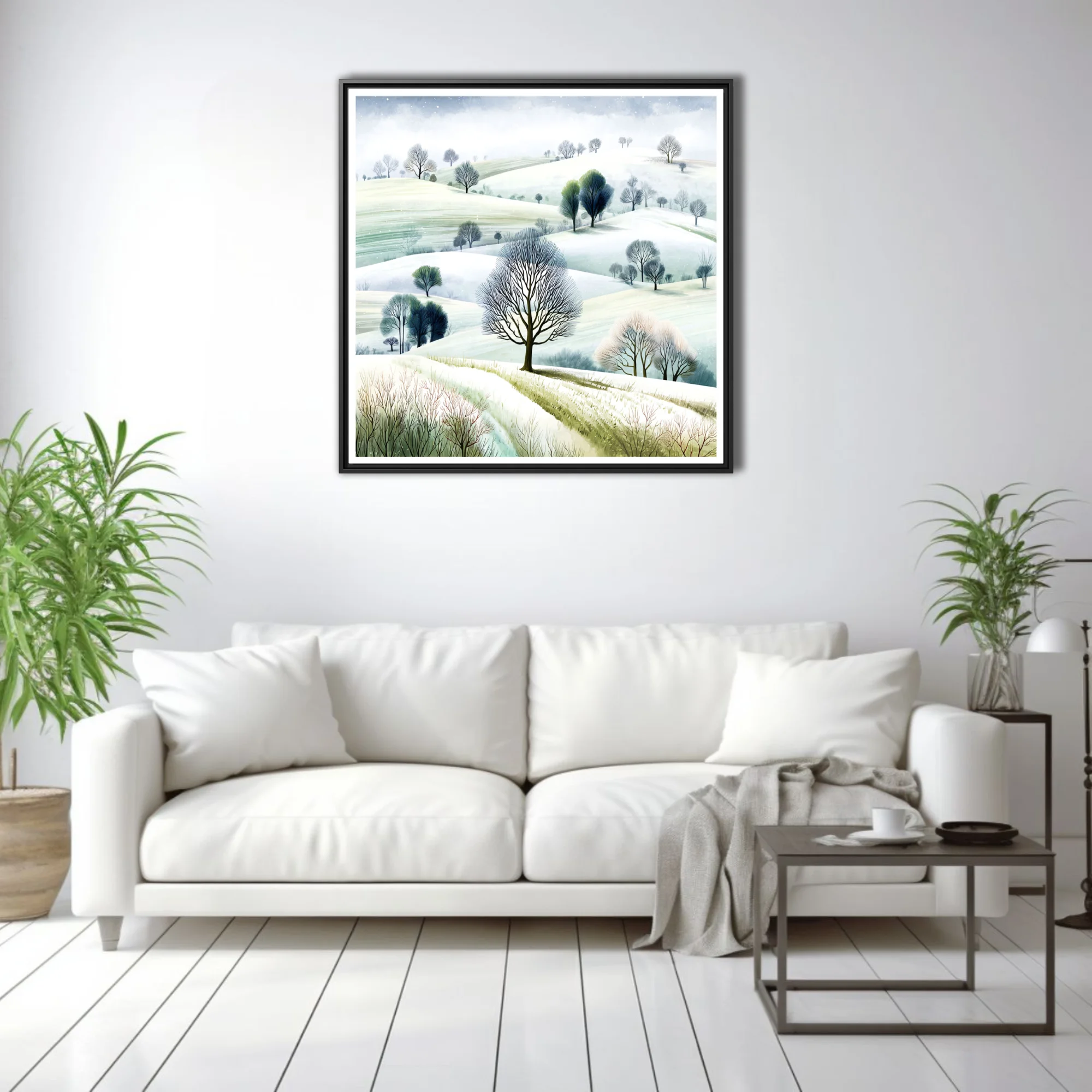 Watercolor-style winter countryside with snowy hills and bare trees in soft greens and whites