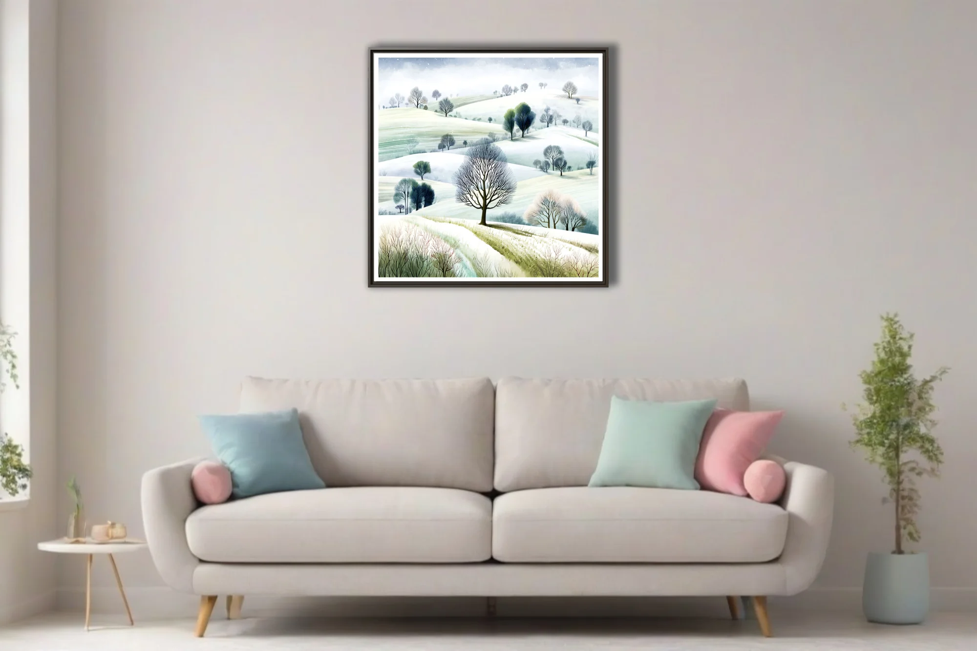 Watercolor-style winter countryside with snowy hills and bare trees in soft greens and whites
