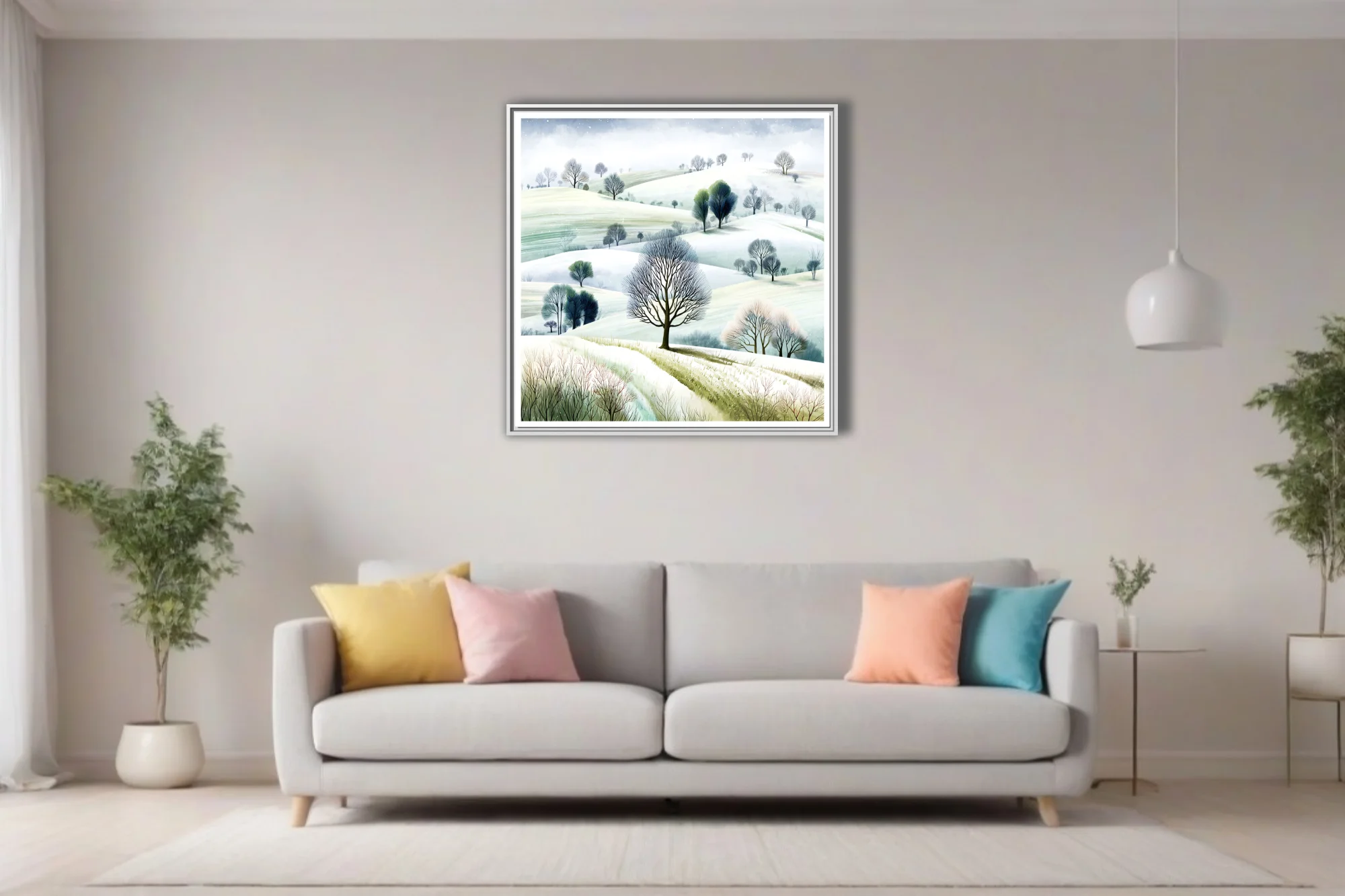 Watercolor-style winter countryside with snowy hills and bare trees in soft greens and whites