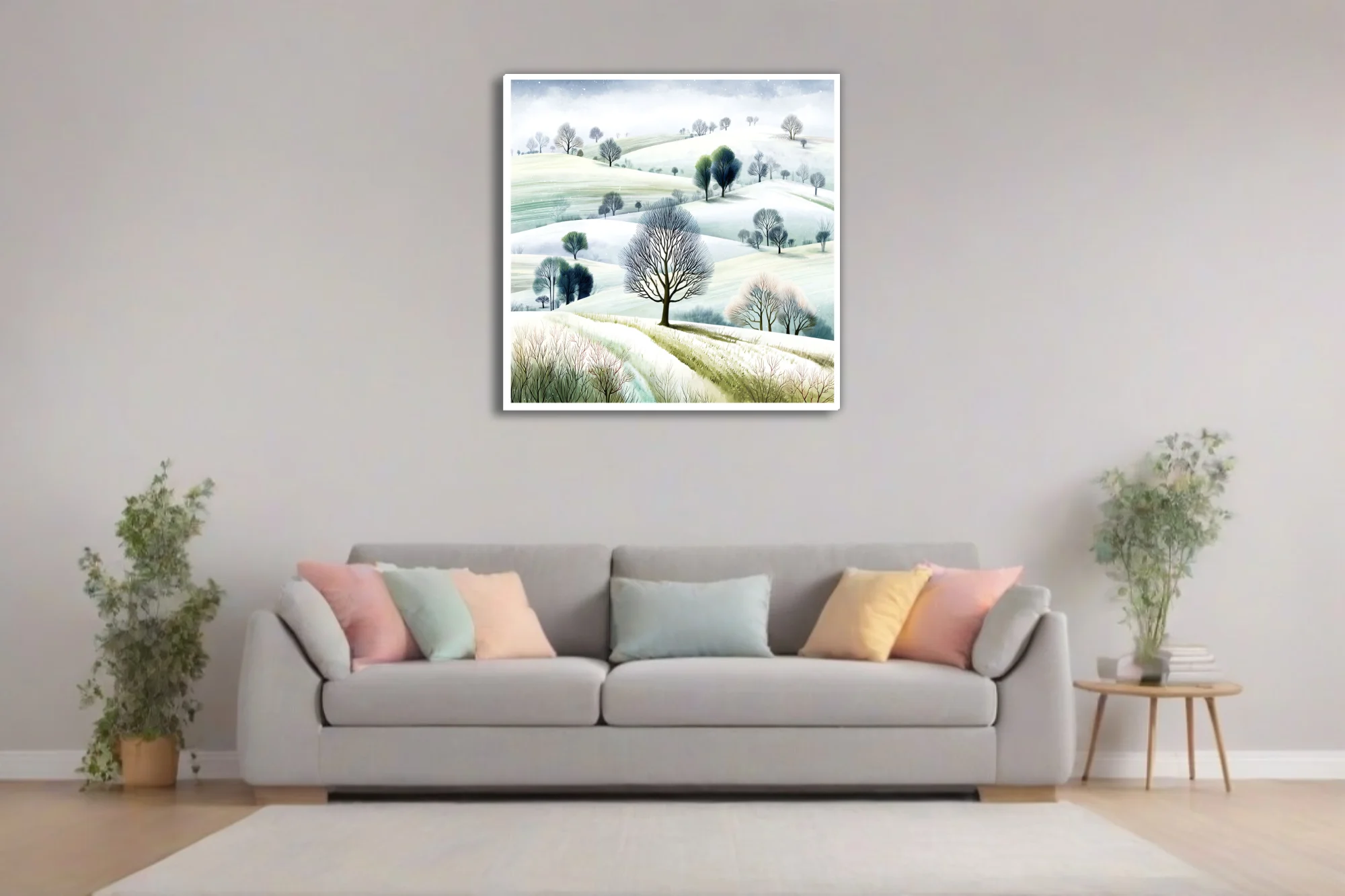 Watercolor-style winter countryside with snowy hills and bare trees in soft greens and whites