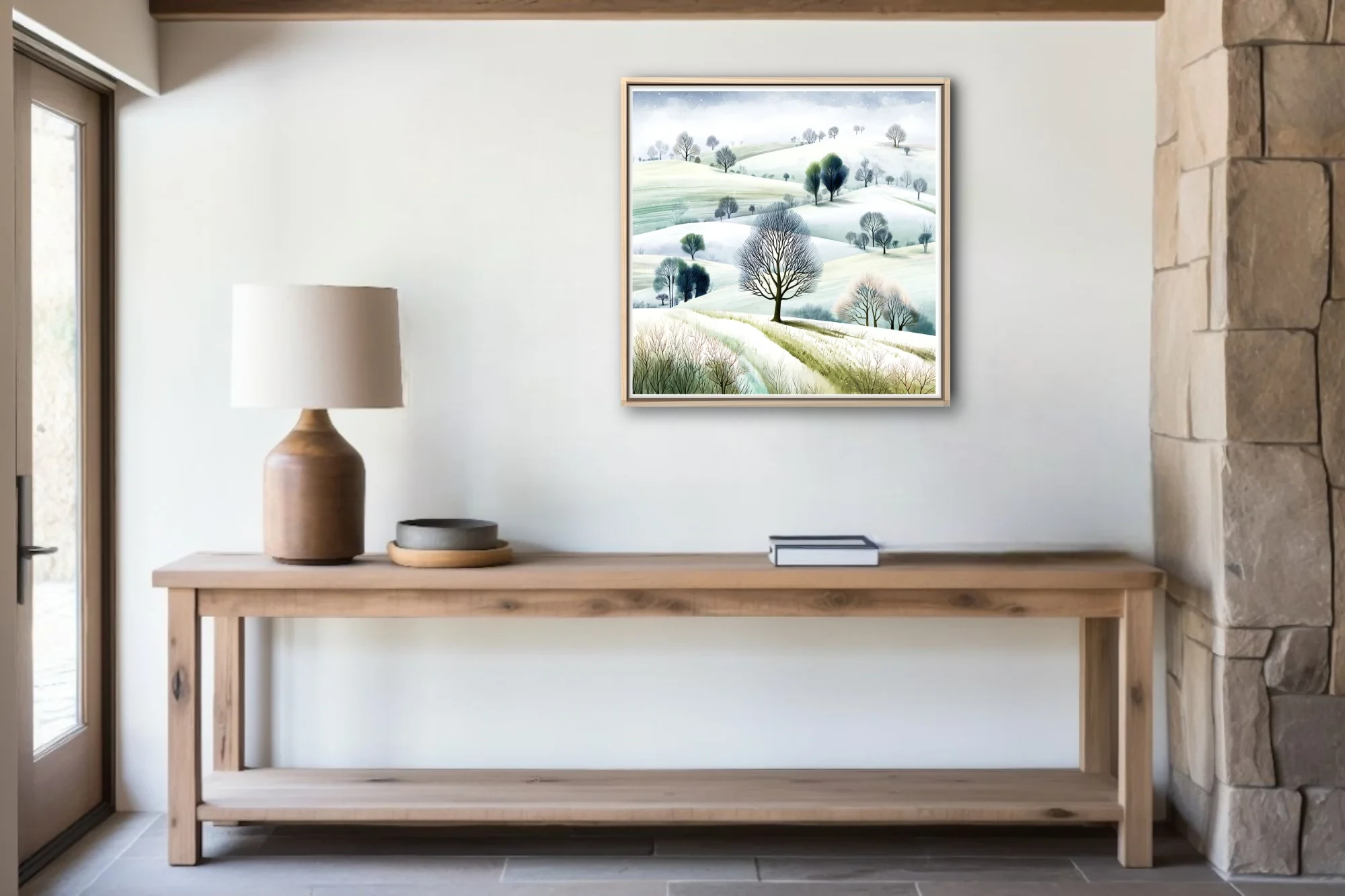 Watercolor-style winter countryside with snowy hills and bare trees in soft greens and whites