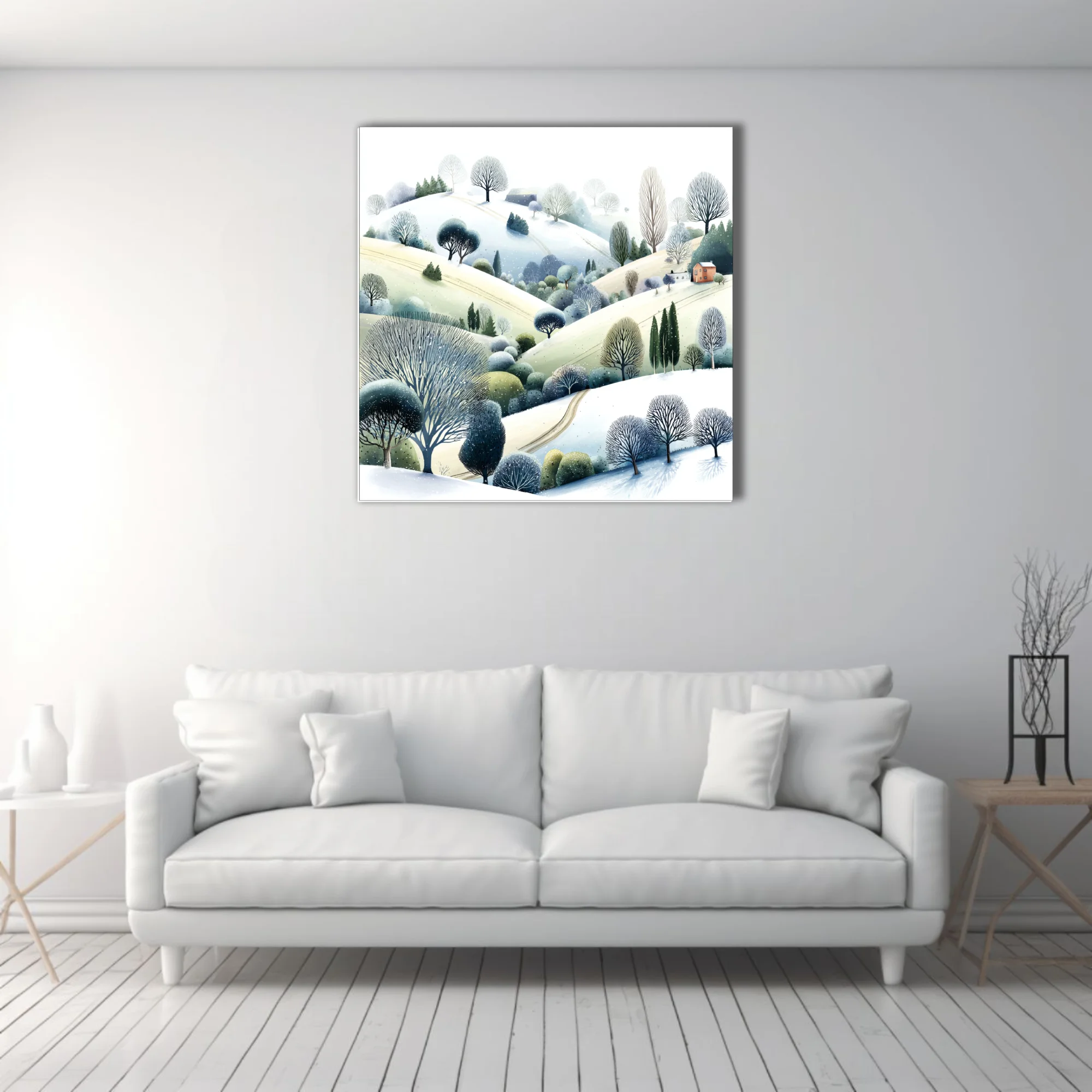 Watercolor-style winter countryside hills with bare trees and snow-dusted landscape