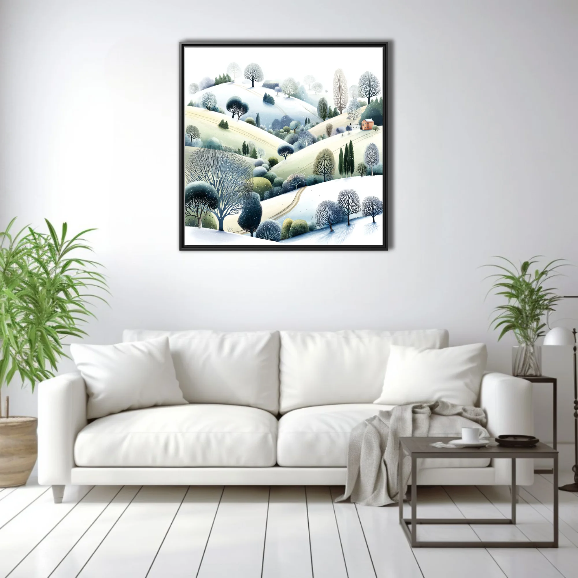 Watercolor-style winter countryside hills with bare trees and snow-dusted landscape