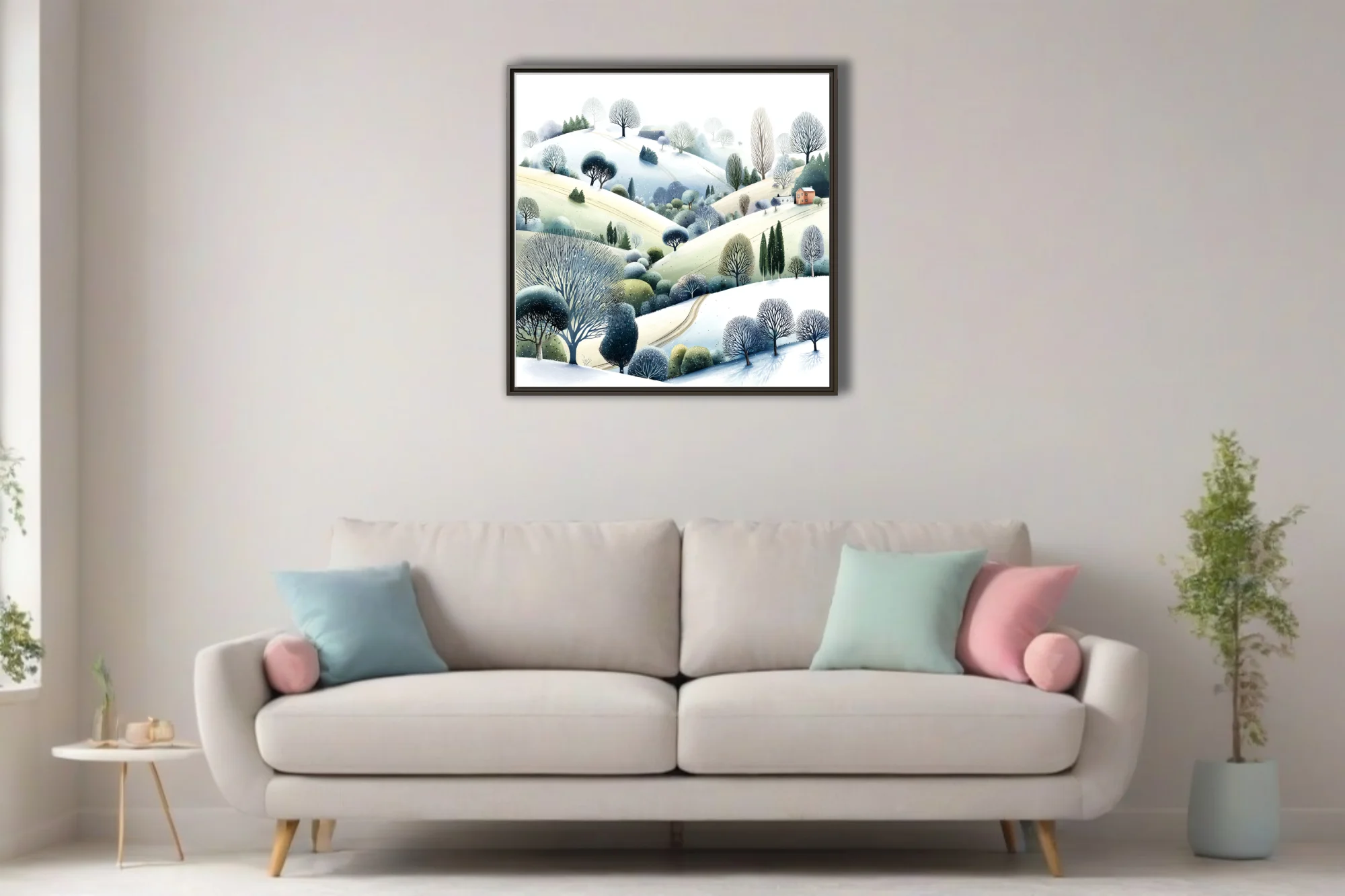 Watercolor-style winter countryside hills with bare trees and snow-dusted landscape