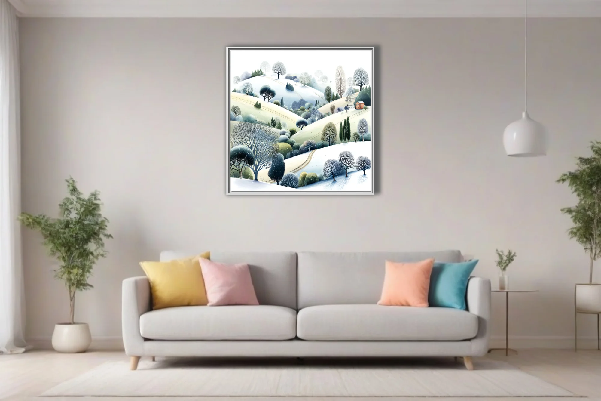 Watercolor-style winter countryside hills with bare trees and snow-dusted landscape