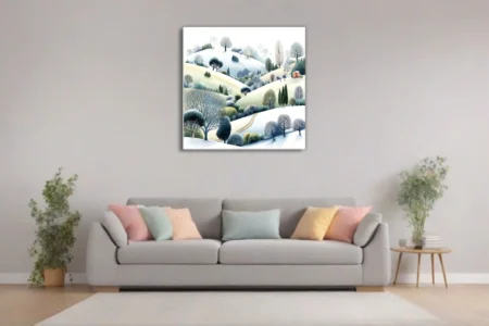 Watercolor-style winter countryside hills with bare trees and snow-dusted landscape