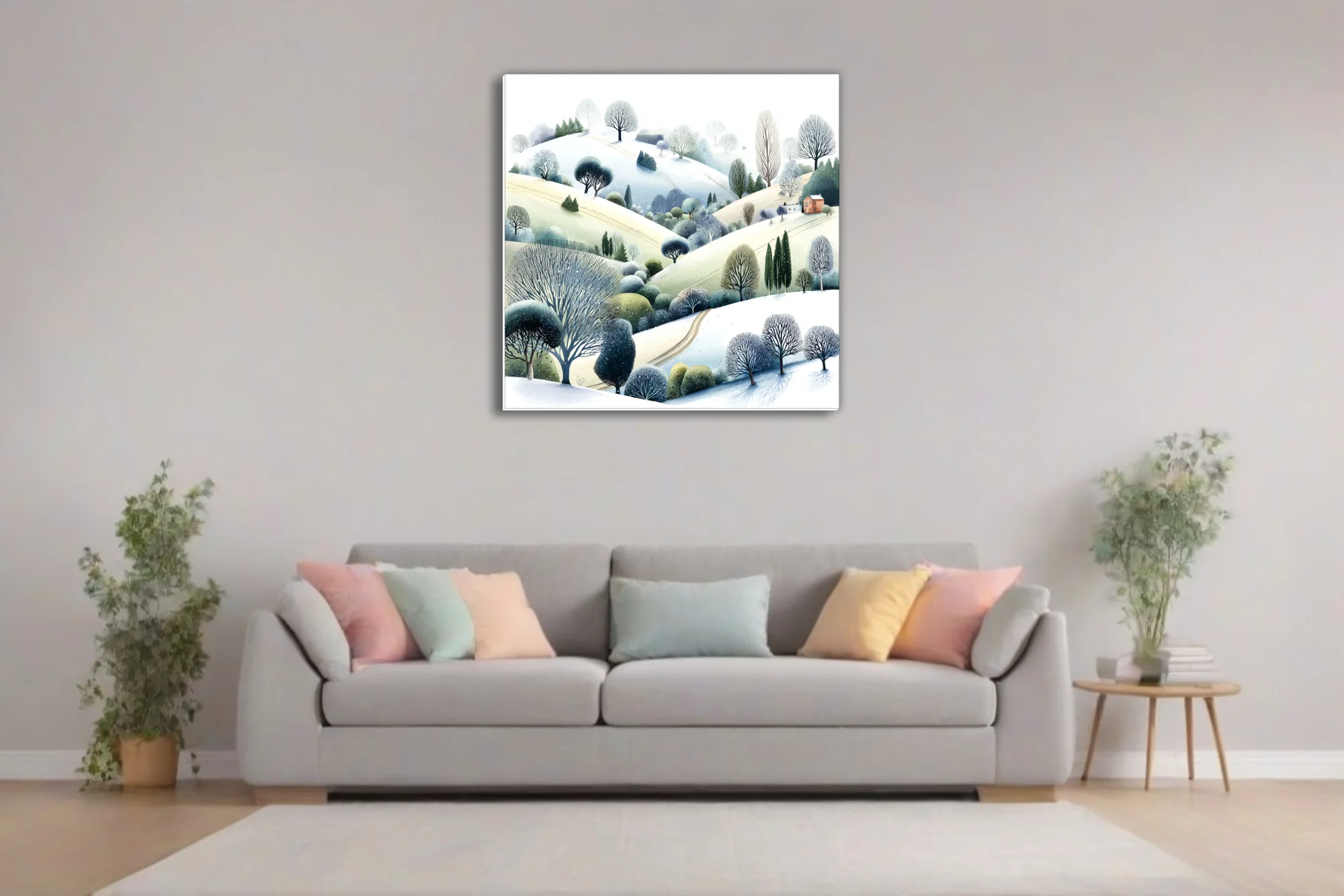 Watercolor-style winter countryside hills with bare trees and snow-dusted landscape
