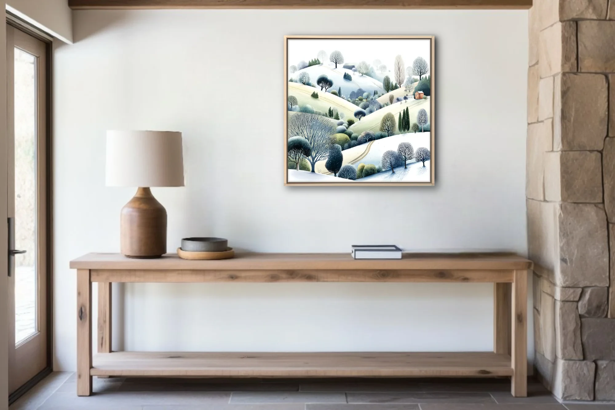Watercolor-style winter countryside hills with bare trees and snow-dusted landscape