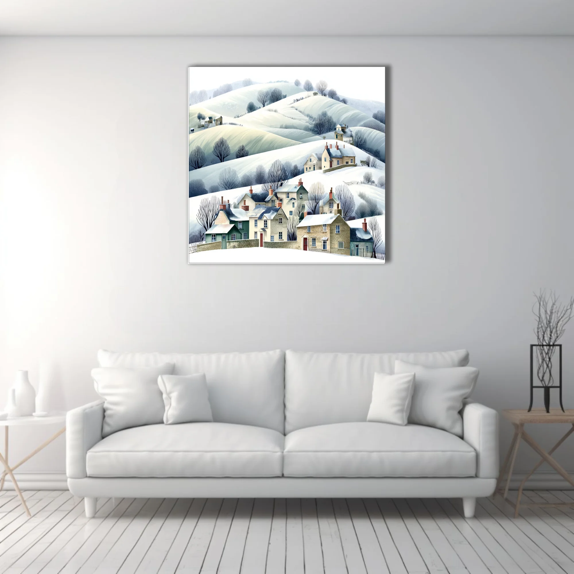 Watercolor-style winter village illustration, snow-covered hills, bare trees, stone cottages