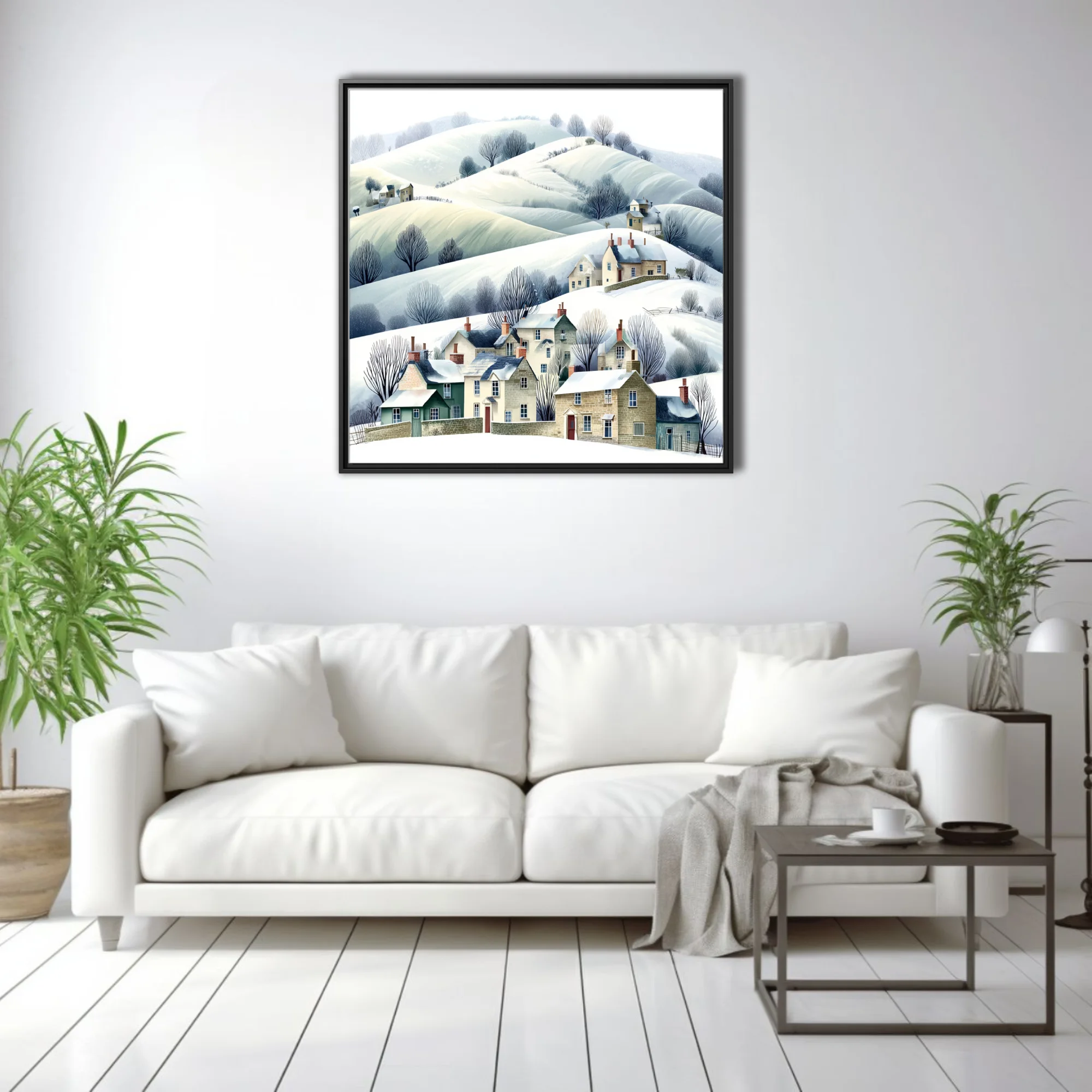 Watercolor-style winter village illustration, snow-covered hills, bare trees, stone cottages