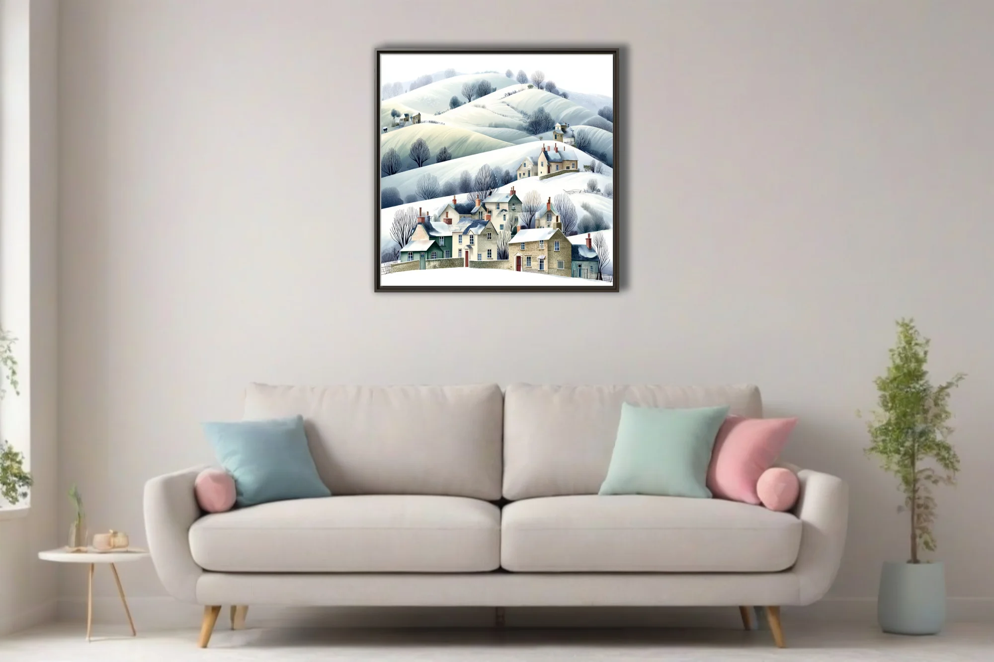 Watercolor-style winter village illustration, snow-covered hills, bare trees, stone cottages