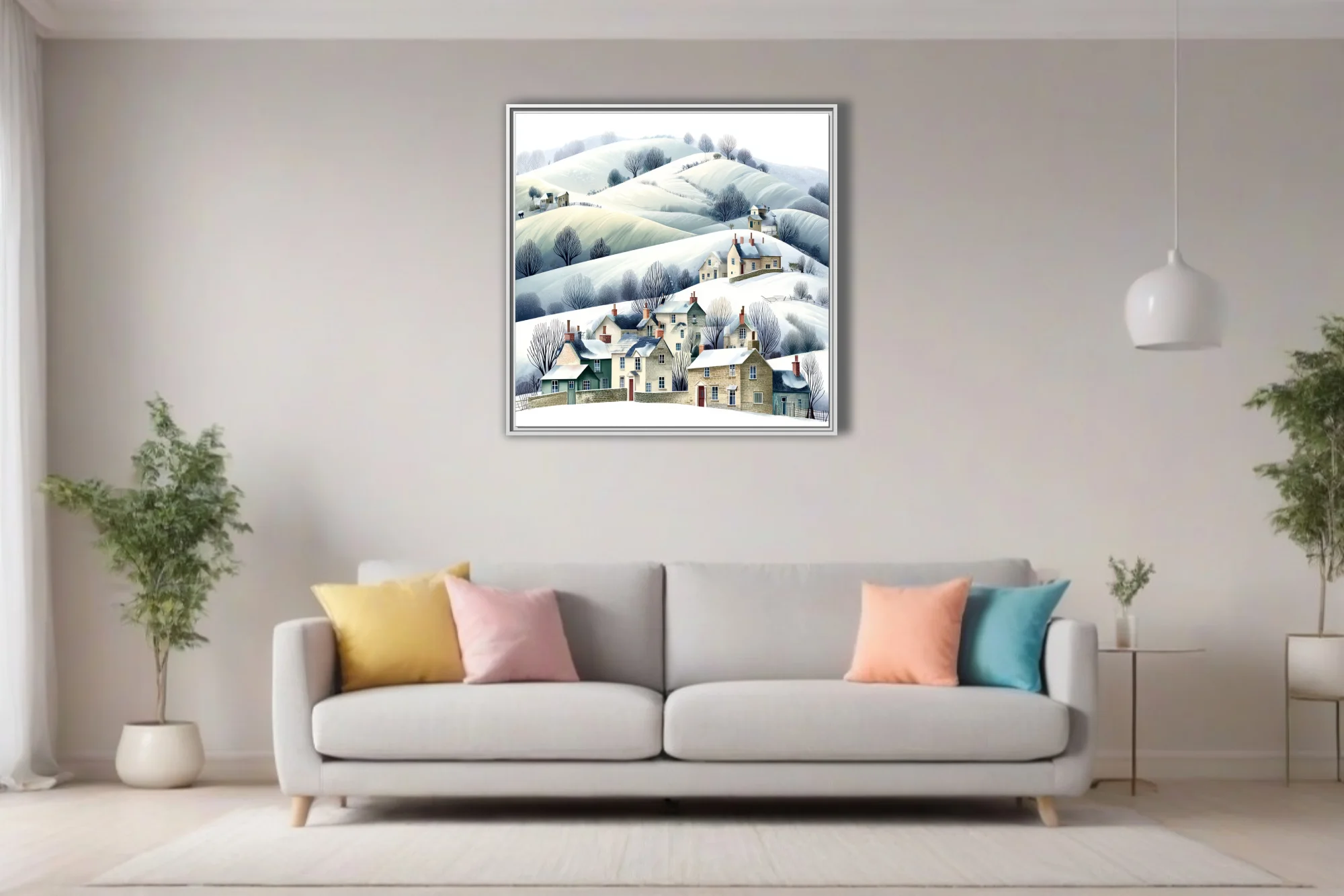 Watercolor-style winter village illustration, snow-covered hills, bare trees, stone cottages